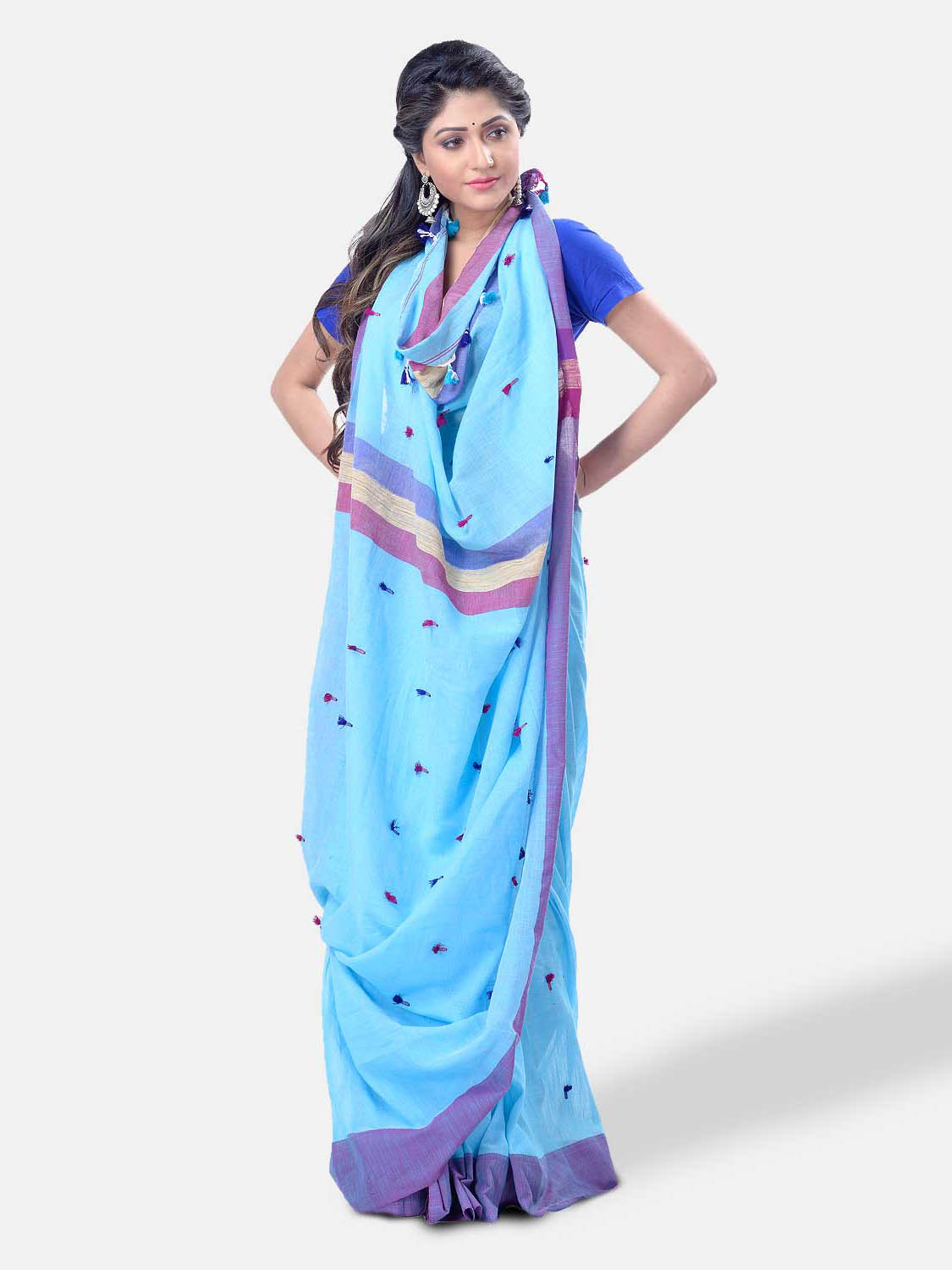 Pure Cotton 100% Traditional Bengali Handloom Tant Saree Very Soft Cotton Materials"Clical Desigined" With Blouse Piece(Sky Blue Pink)